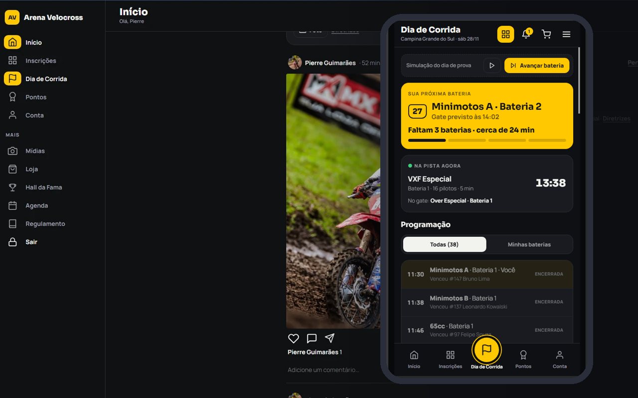 App do Arena Velocross no computador e no celular, com a tela Dia de Corrida